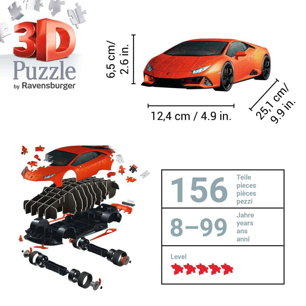 Puzzle 3D Lamborghini Huracan Evo Orange 108 pièces 1/18 Ravensburger 112388